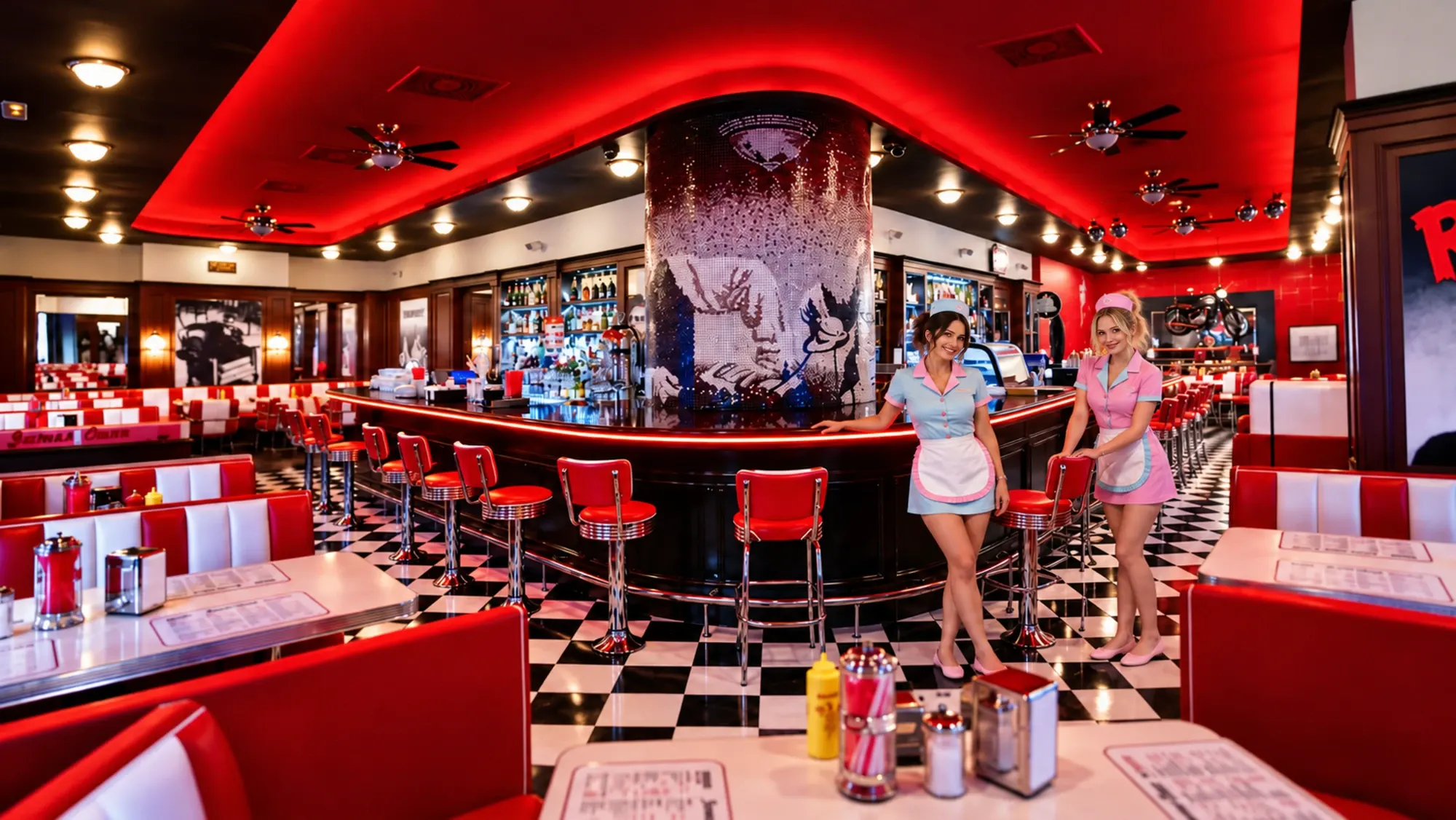 Interiér restaurace James Dean: červené barové židle, šachovnicová podlaha a mozaikový sloup